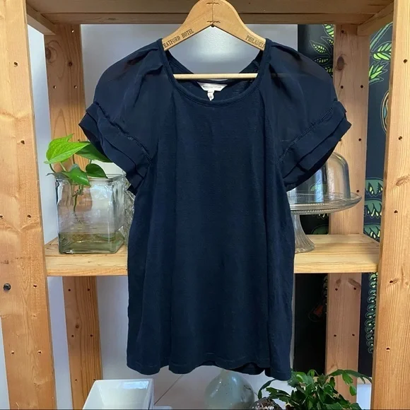 Rebecca Taylor navy blue sheer silk sleeve linen top - Picture 2 of 13